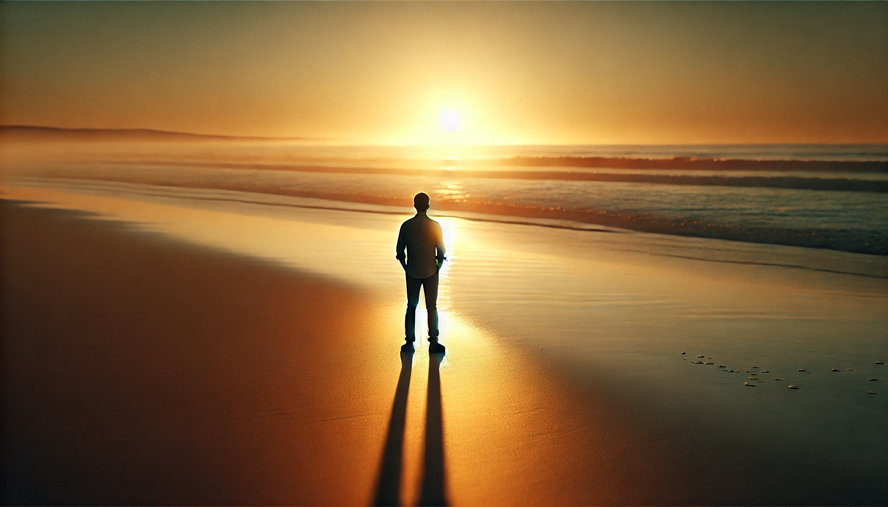 Ein Mensch steht am Strand im Gegenlicht – Sinnwärts Studio