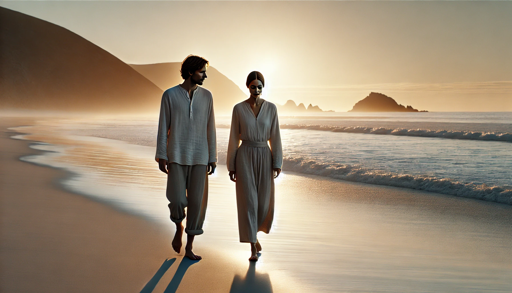 Zwei Menschen gehen am Strand entlang im warmen Abendlicht – Sinnwärts Studio