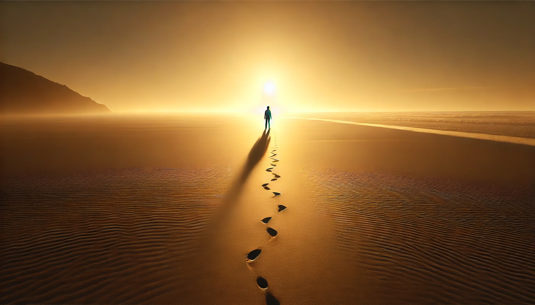 Mensch mit Fußspuren am Strand im goldenen Licht – Sinnwärts Studio