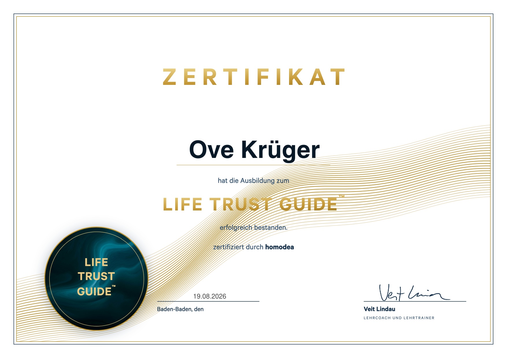 Zertifikat Life Trust Guide – Ove Krüger, zertifiziert durch homodea